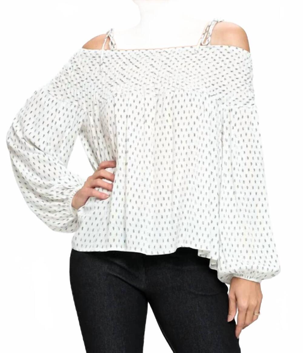 NEW ACCENT ACCESSORIES printed smocked off-the-shoulder top in cream